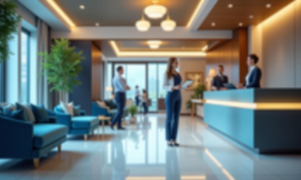 Réception d'hôtel moderne avec personnel utilisant une tablette